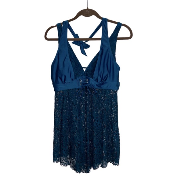 5/$25 Swimsuit Top Lace Dress Turquoise Padded Adjustable Straps Double Bras L - Picture 1 of 8